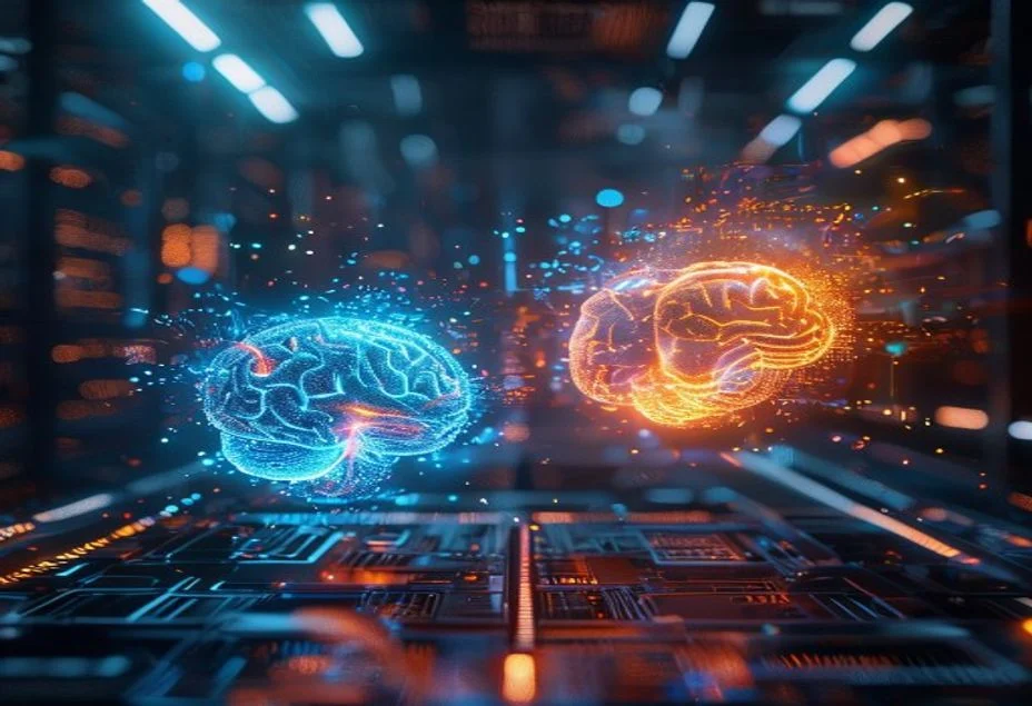 Dos cerebros de inteligencia artificial, uno azul y otro naranja, enfrentados en un centro de datos futurista